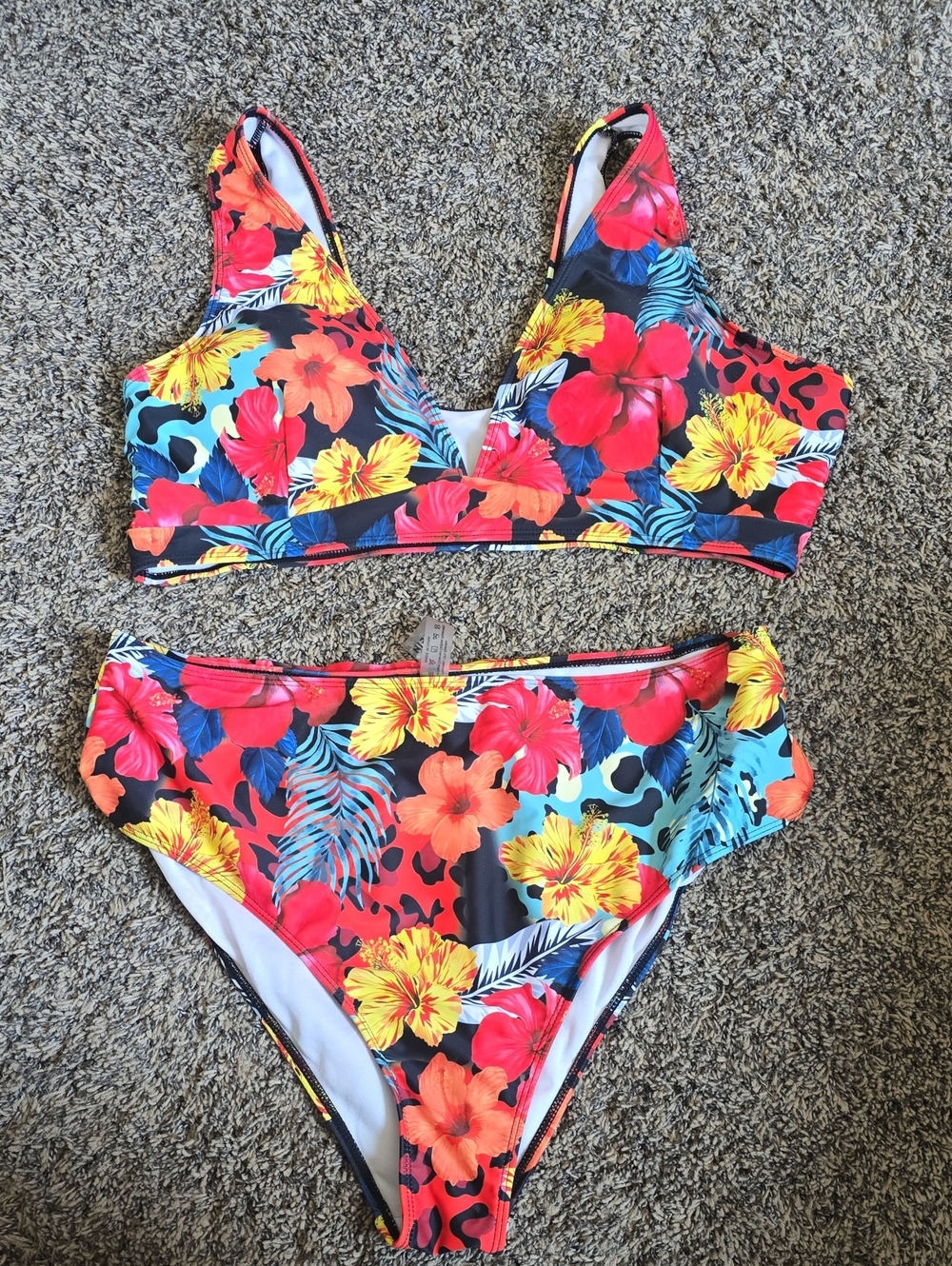 SHEIN Tropical Floral V-Neck Bikini Set in Red, Yellow, Blue